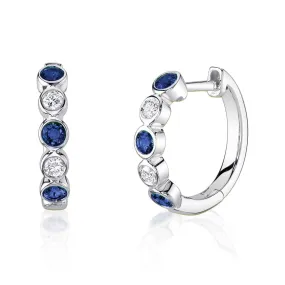 14K Gold Round Sapphire Diamond Bezel Huggie Earrings