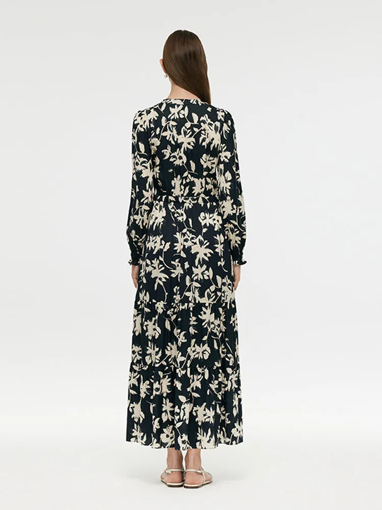 19 Momme Mulberry Silk Floral Printed Women Maxi Dress