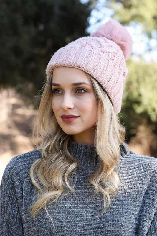 Cable Knit Pom Pom Beanie Hat in Multiple Colors