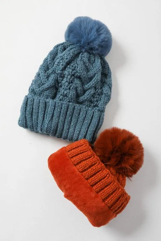 Cable Knit Pom Pom Beanie Hat in Multiple Colors