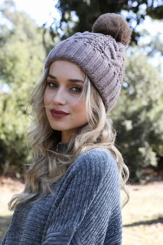 Cable Knit Pom Pom Beanie Hat in Multiple Colors