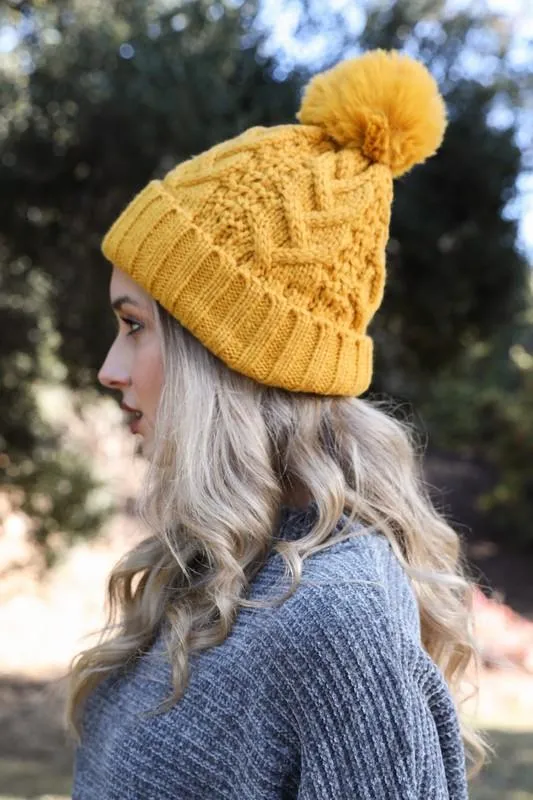 Cable Knit Pom Pom Beanie Hat in Multiple Colors