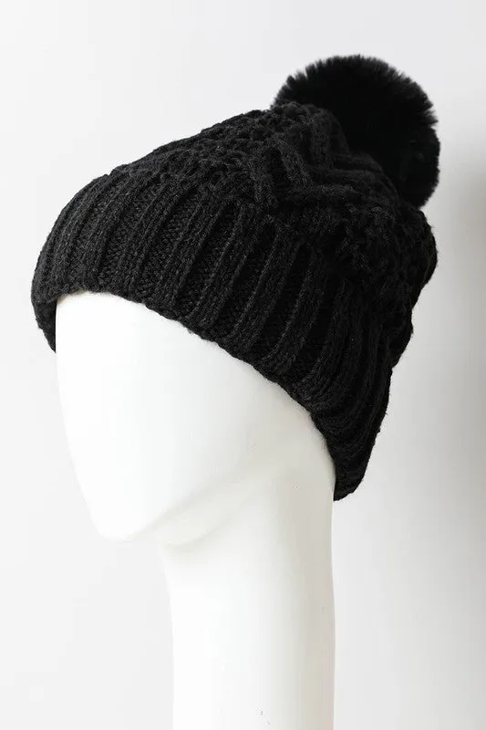 Cable Knit Pom Pom Beanie Hat in Multiple Colors