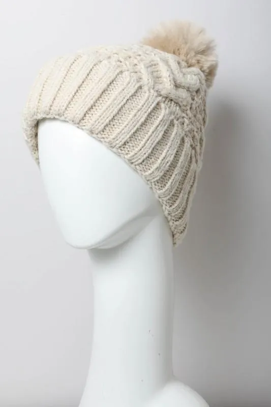 Cable Knit Pom Pom Beanie Hat in Multiple Colors