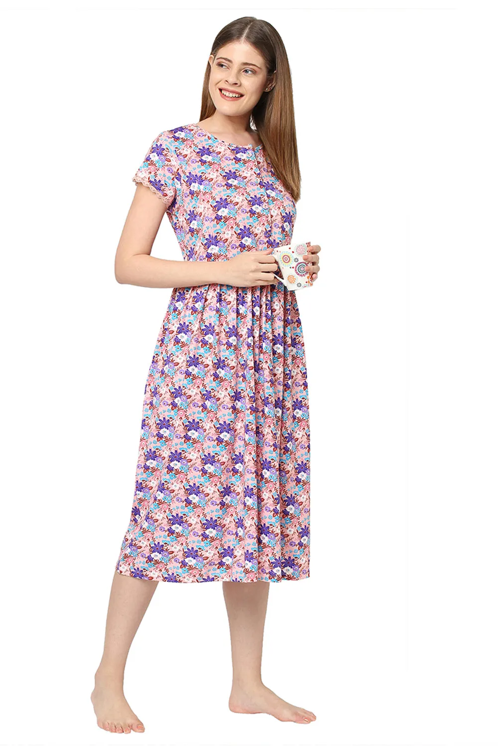 Organic Cotton Calf-length Nighty-ISL036-Dogwood daisy