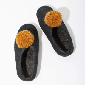 SALE - Pom Pom Felt Slippers - Dark Grey   Gold