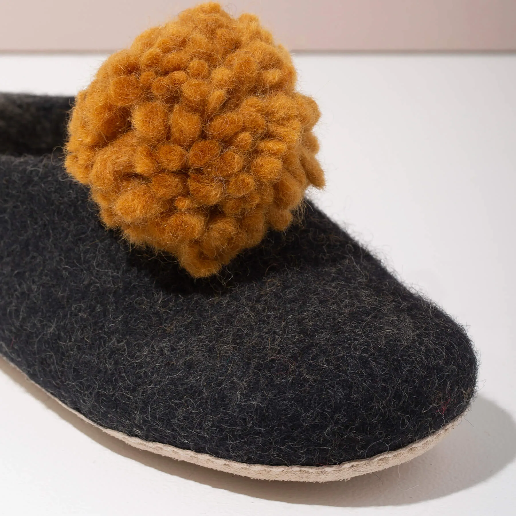 SALE - Pom Pom Felt Slippers - Dark Grey   Gold