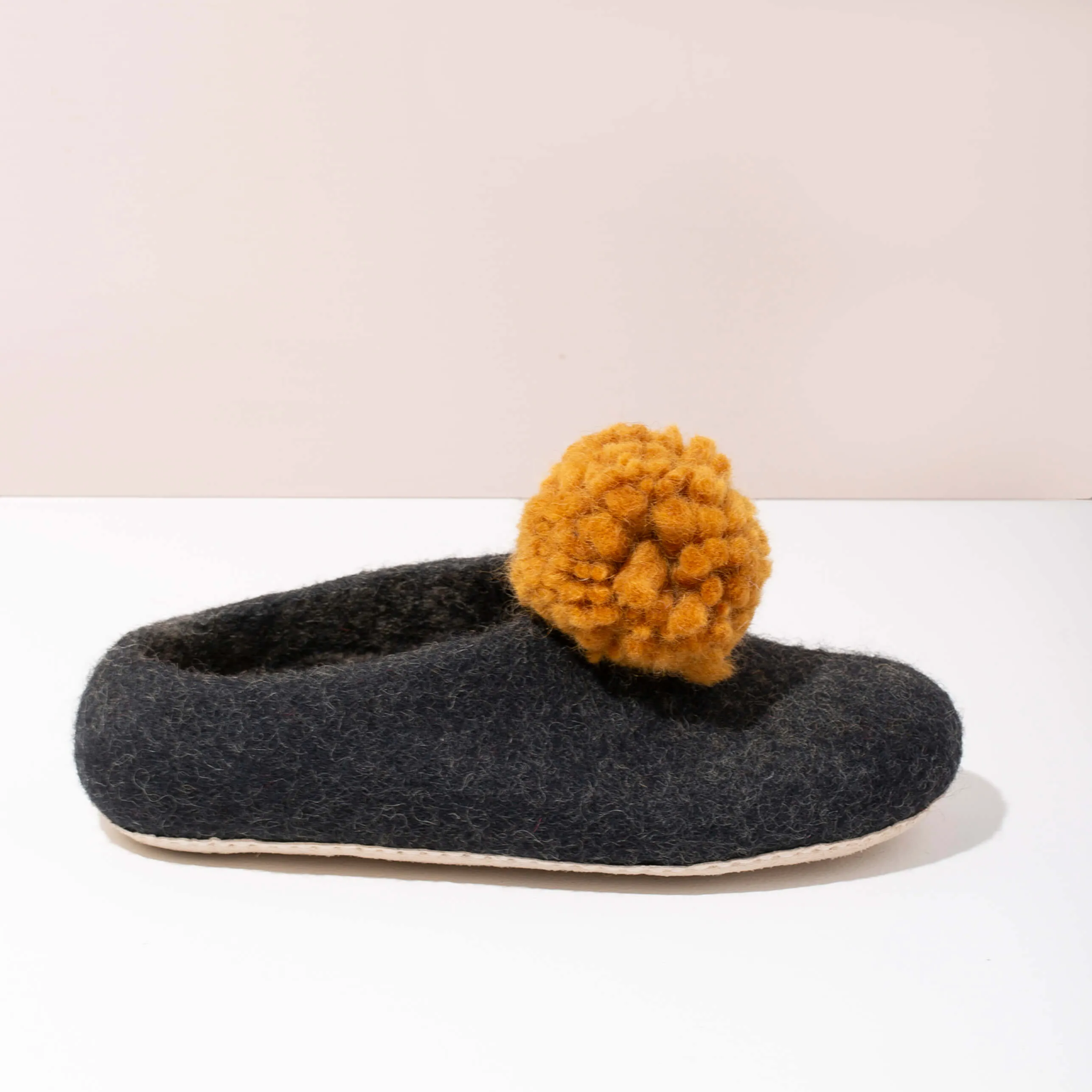 SALE - Pom Pom Felt Slippers - Dark Grey   Gold