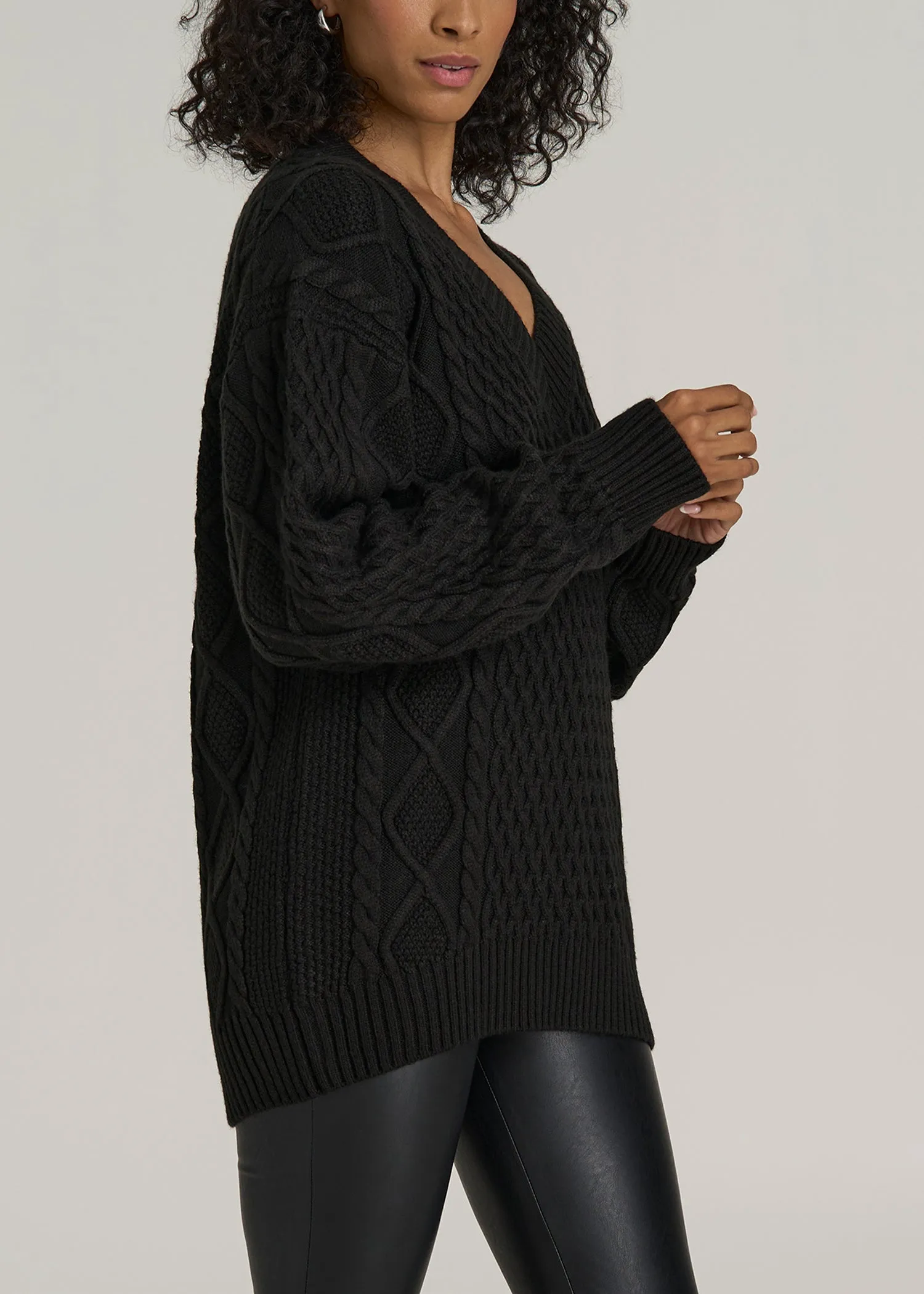 V Neck Cashmere Blend Cable Knit Women's Tall Sweater in Black