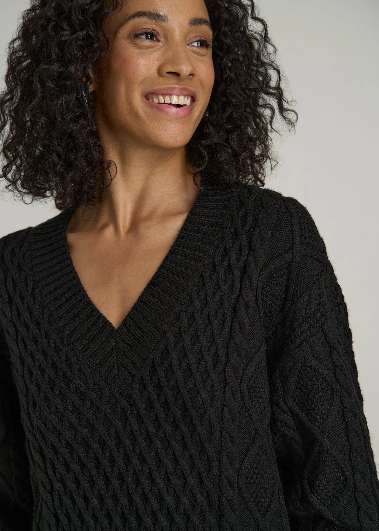 V Neck Cashmere Blend Cable Knit Women's Tall Sweater in Black