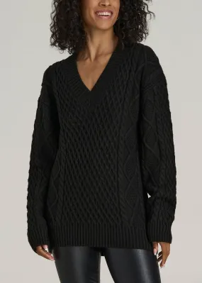 V Neck Cashmere Blend Cable Knit Women's Tall Sweater in Black